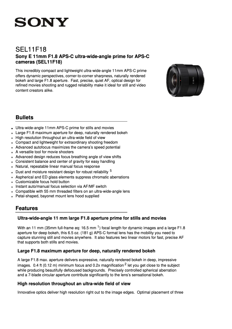 Página 1 del manual Ficha técnica Sony E 11mm SEL11F18