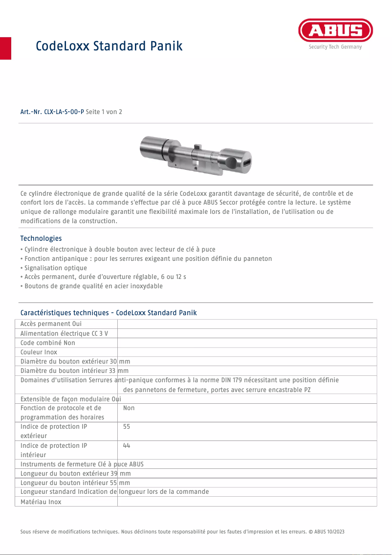 Página 1 del manual Ficha técnica Abus CLX-LA-S-00-P
