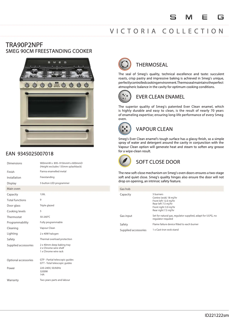 Página 1 del manual Ficha técnica Smeg TRA90P2NPF