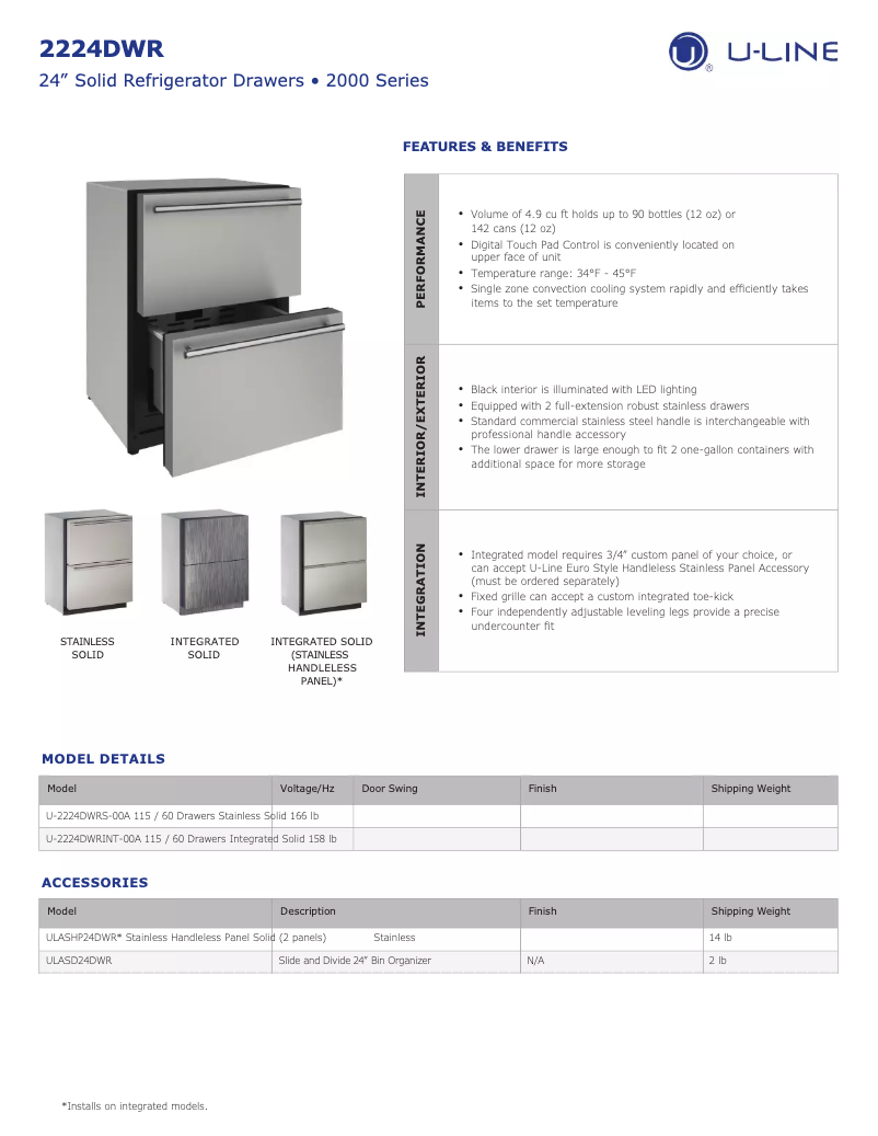Página 1 del manual Ficha técnica U-Line U-2224DWR