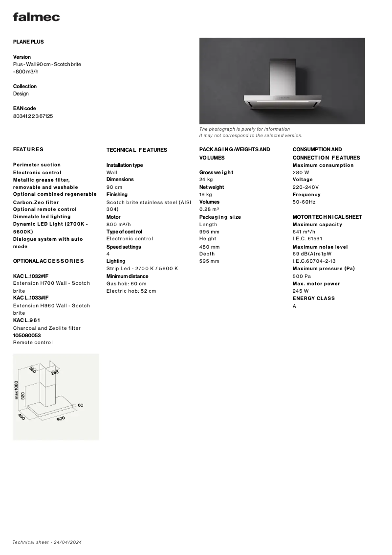 Página 1 del manual Ficha técnica Falmec Plane Plus