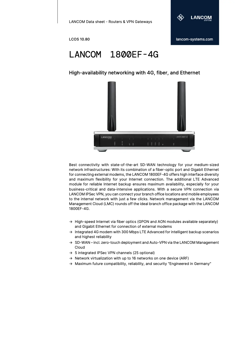 Página 1 del manual Ficha técnica Lancom 1800EF-4G
