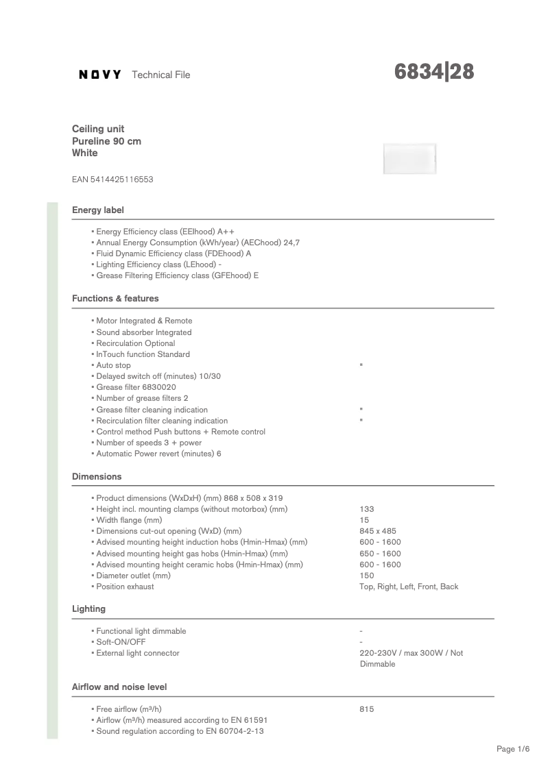 Página 1 del manual Ficha técnica Novy Pureline 6834
