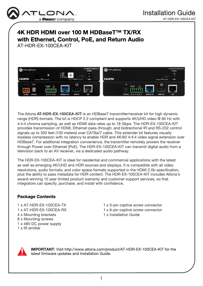Imagen de la primera página del manual del dispositivo AT-HDR-EX-100CEA-KIT