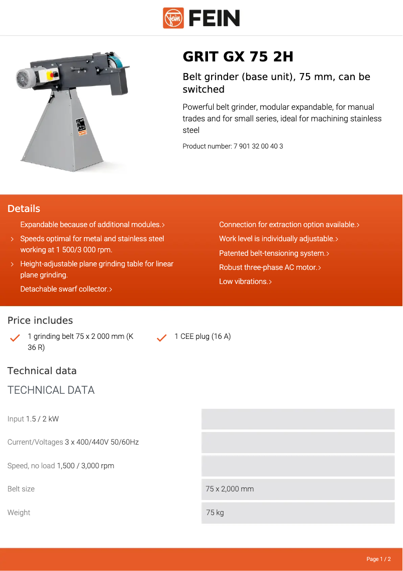 Página nº 1 - Ficha técnica Fein GRIT GX 75 2H