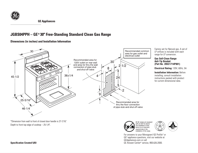Página 1 del manual Ficha técnica GE JGBS04PPHWH