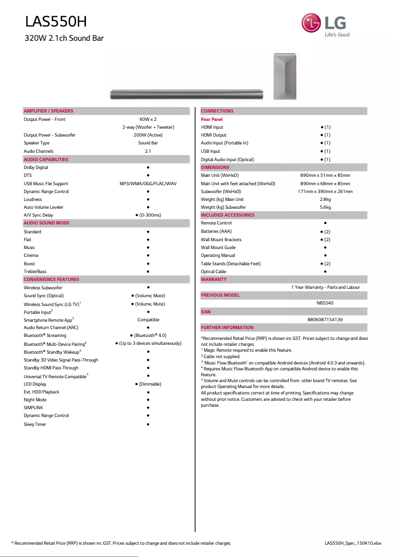 Imagen de la primera página del manual del dispositivo LAS550H