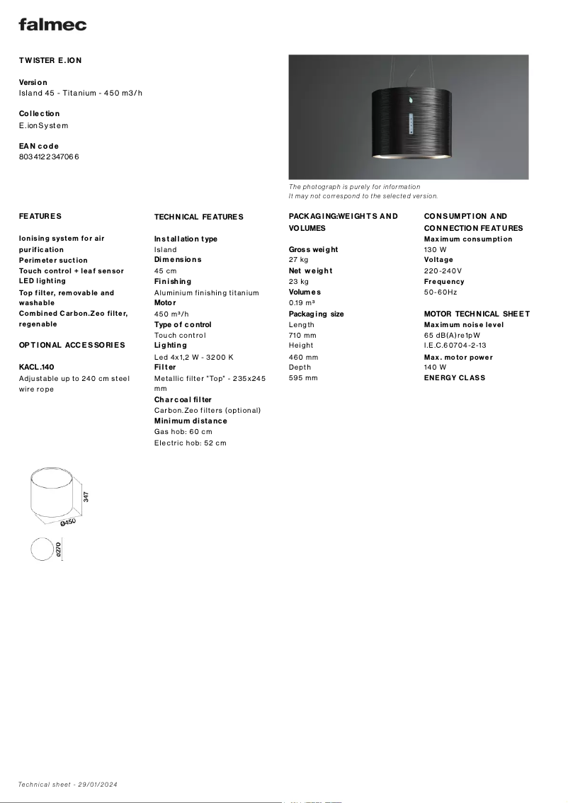 Página 1 del manual Ficha técnica Falmec Twister E.Ion