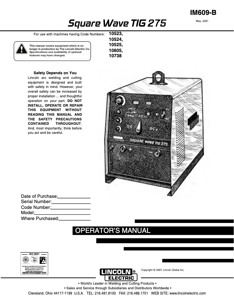 Imagen de la primera página del manual del dispositivo Square Wave TIG 275