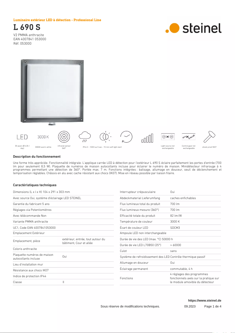 Página 1 del manual Ficha técnica Steinel L 690 S