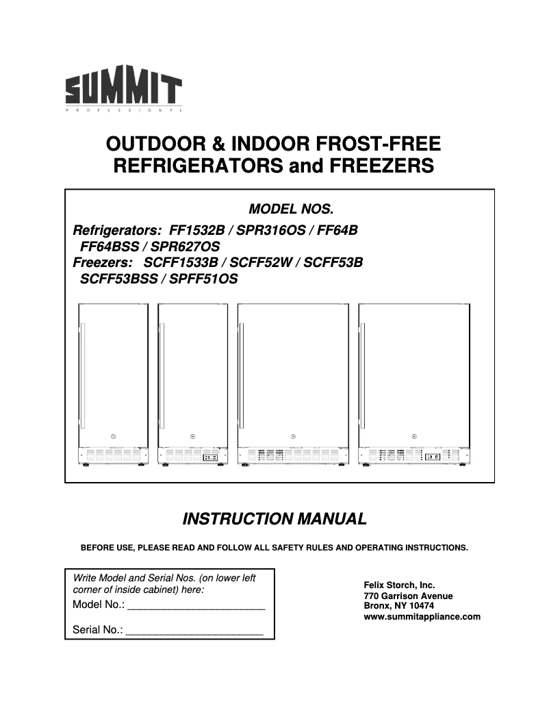 Página 1 del manual Manual de uso y mantenimiento Summit FF64BXCSSHV