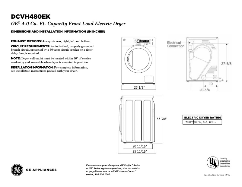 Página 1 del manual Ficha técnica GE DCVH485EKMS
