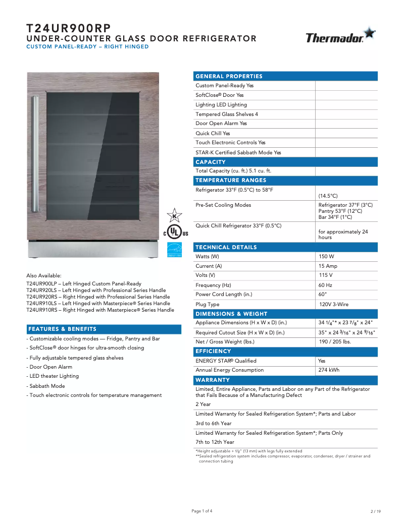 Página 1 del manual Ficha técnica Thermador T24UR900RP