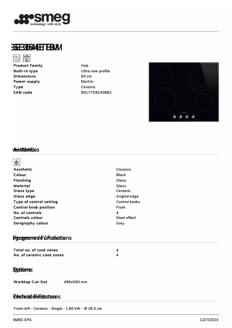 Página 1 del manual Ficha técnica Smeg SE364ETBM