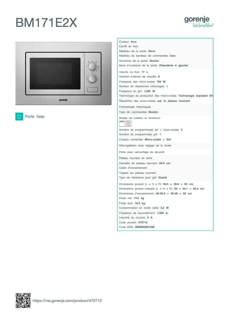 Página 1 del manual Ficha técnica Gorenje BM171E2X