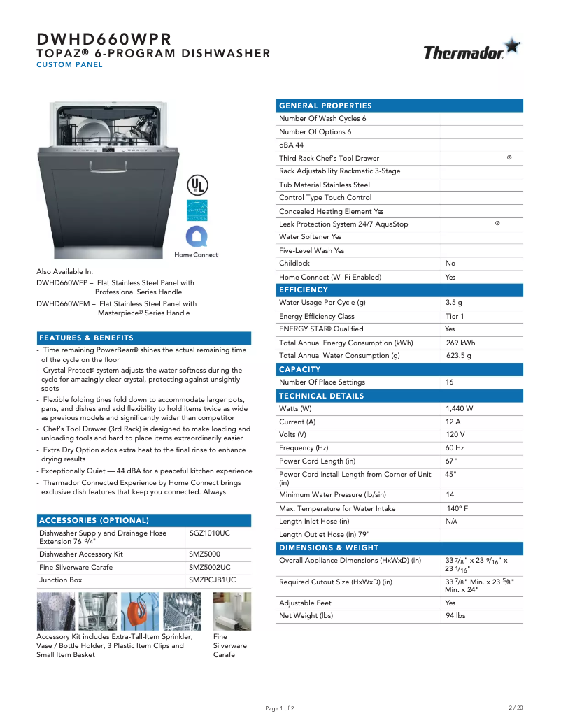 Página 1 del manual Ficha técnica Thermador DWHD660WPR