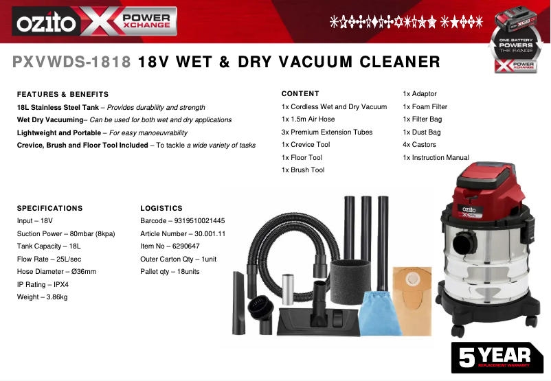 Página 1 del manual Ficha técnica Ozito PXVWDS-1818