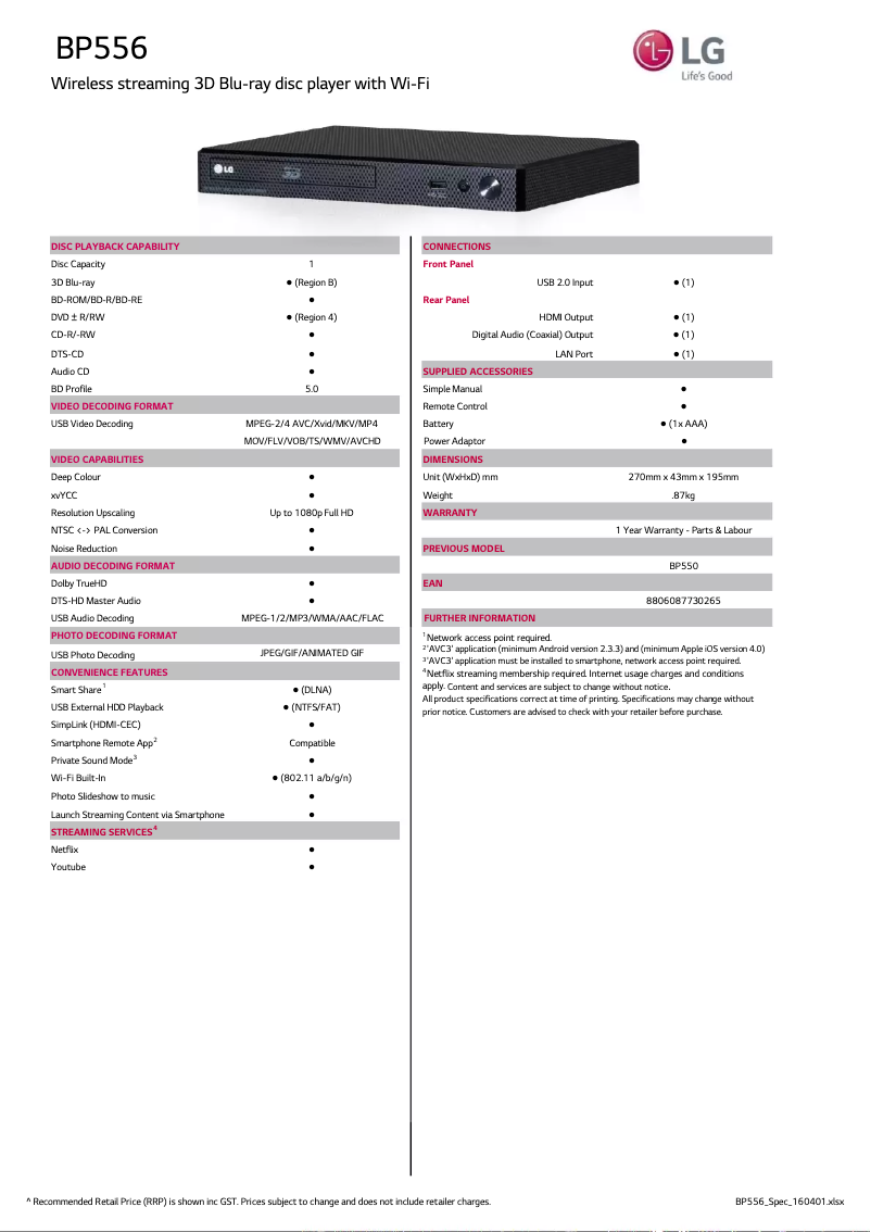 Página nº 1 - Ficha técnica LG BP556