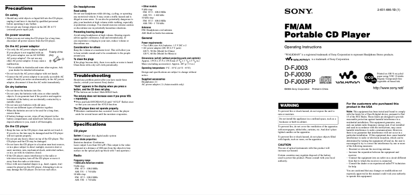 Imagen de la primera página del manual del dispositivo Discman D-FJ003