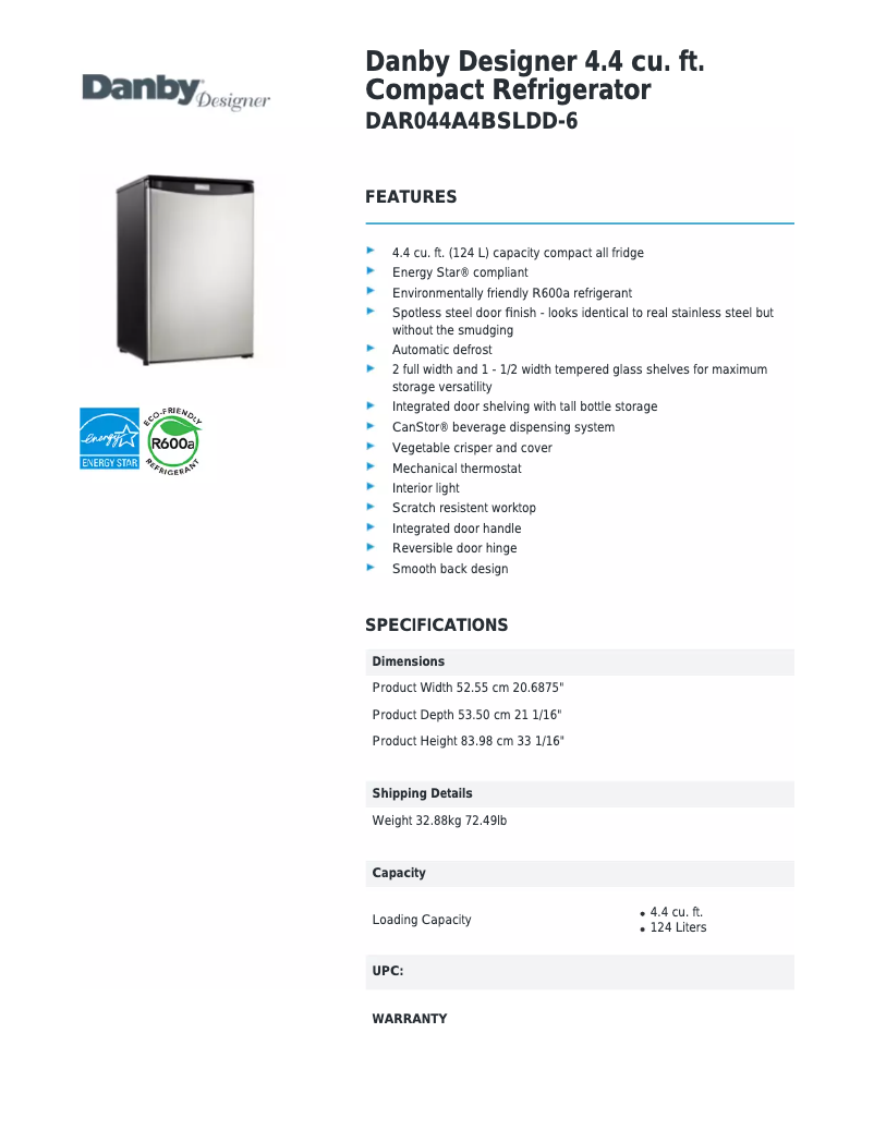 Página 1 del manual Ficha técnica Danby Designer DAR044A4BSLDD-6