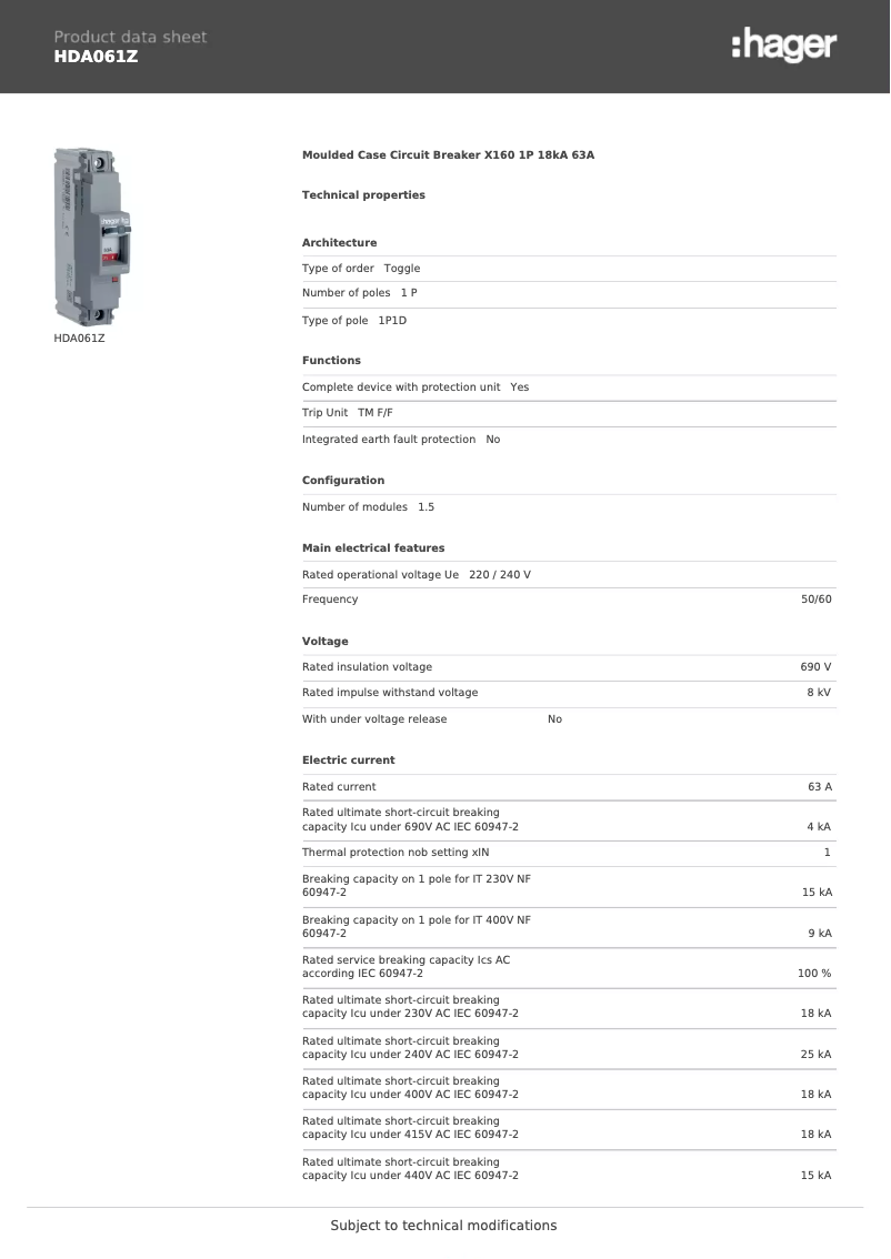 Página 1 del manual Ficha técnica Hager HDA061Z