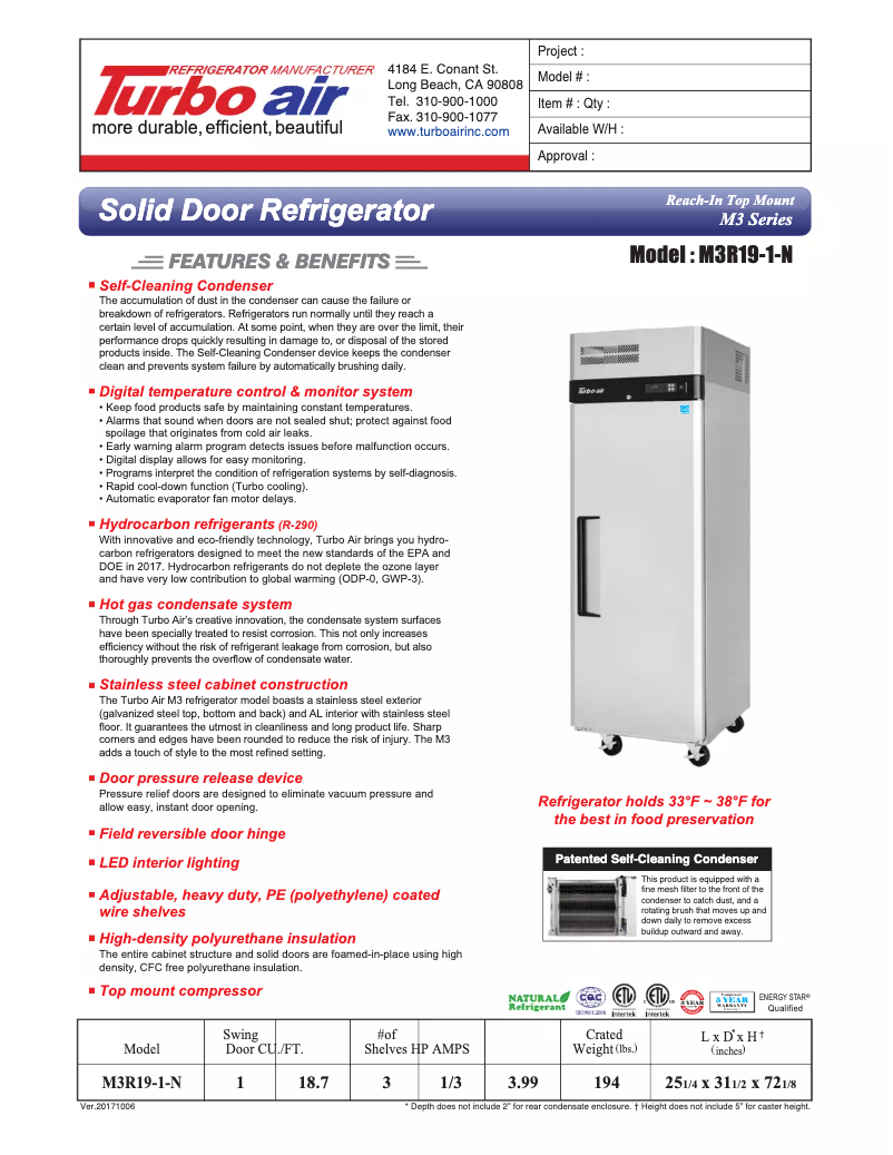 Página 1 del manual Ficha técnica Turbo air M3R19-1