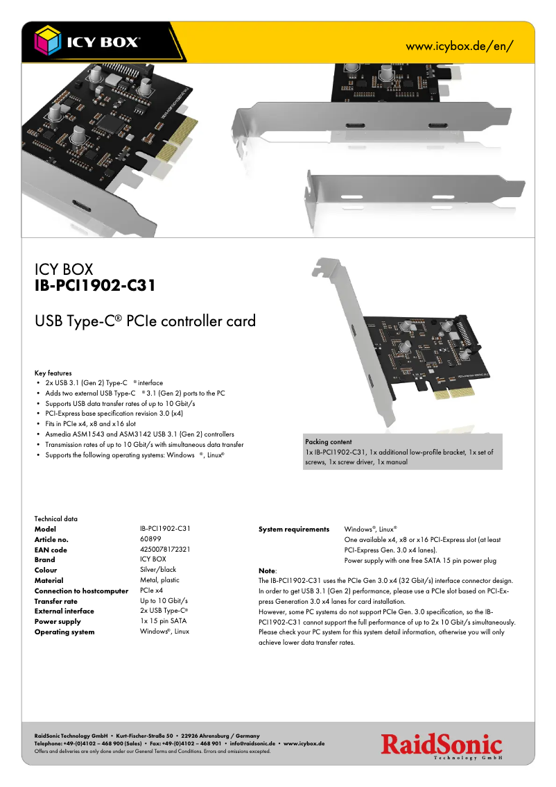 Página 1 del manual Ficha técnica Icy Box IB-PCI1902-C31