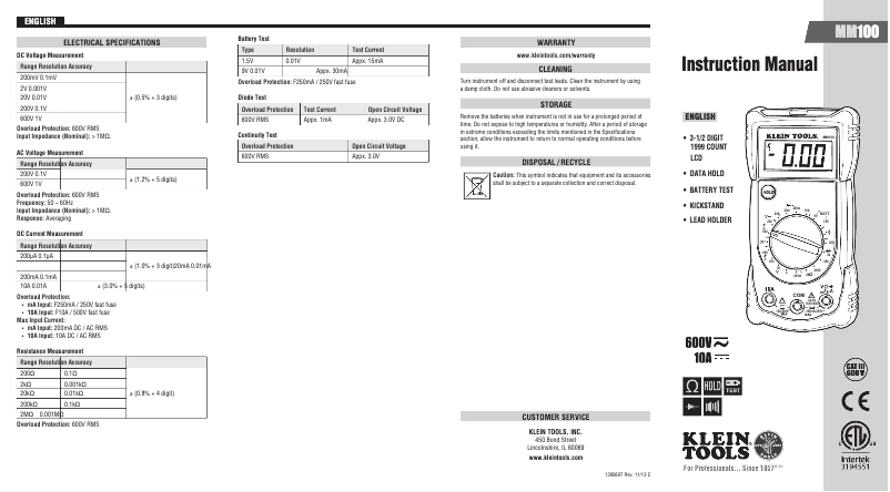 Página nº 1 - Manual de usuario Klein Tools MM100