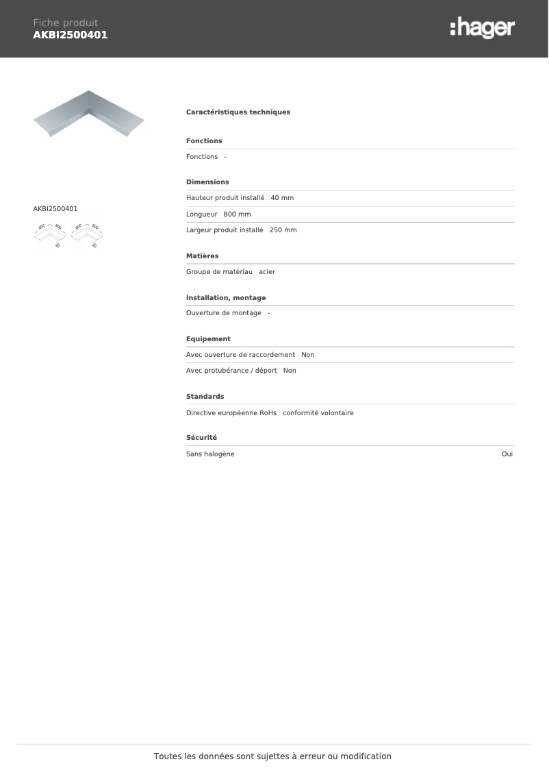 Página 1 del manual Ficha técnica Hager AKBI2500401