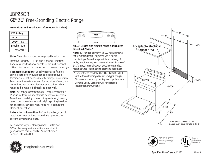 Página 1 del manual Ficha técnica GE JBP23GRSA