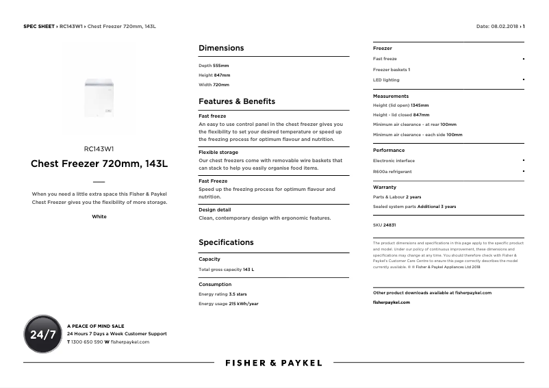 Página 1 del manual Ficha técnica Fisher & Paykel RC143W1