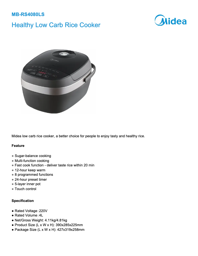 Página 1 del manual Ficha técnica Midea MB-RS4080LS