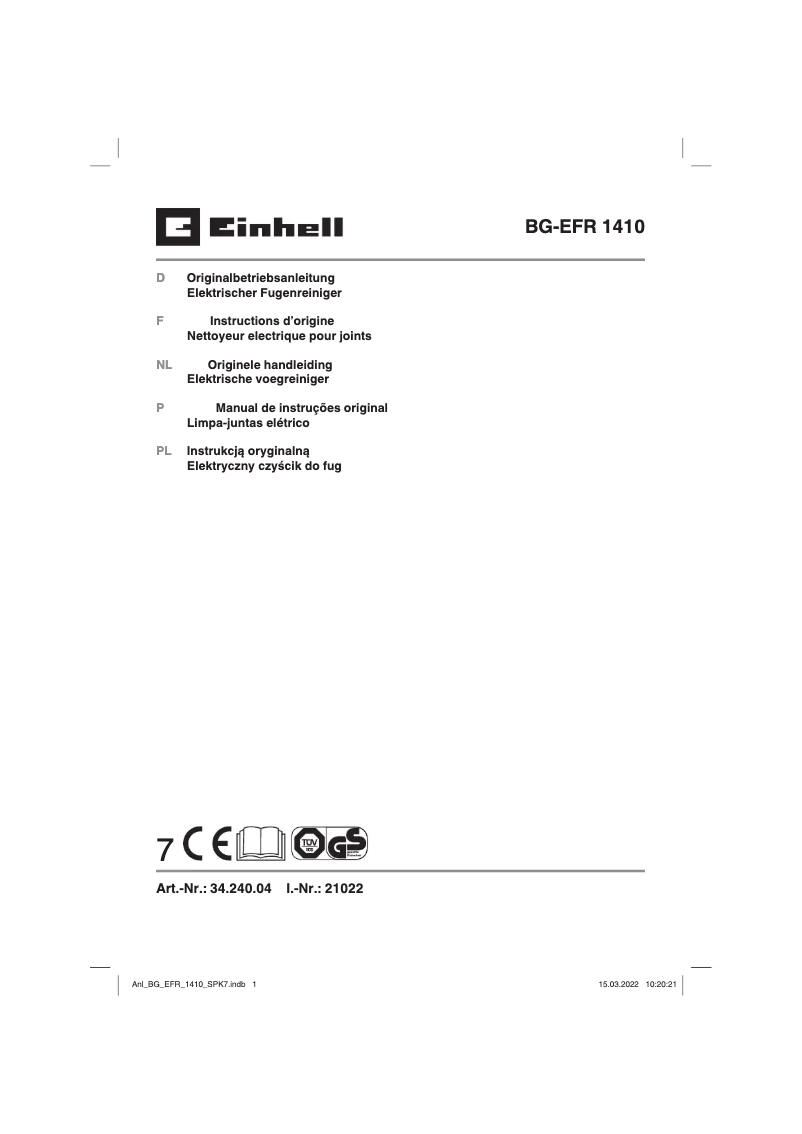 Página nº 1 - Manual de usuario Einhell BG-EFR 1410