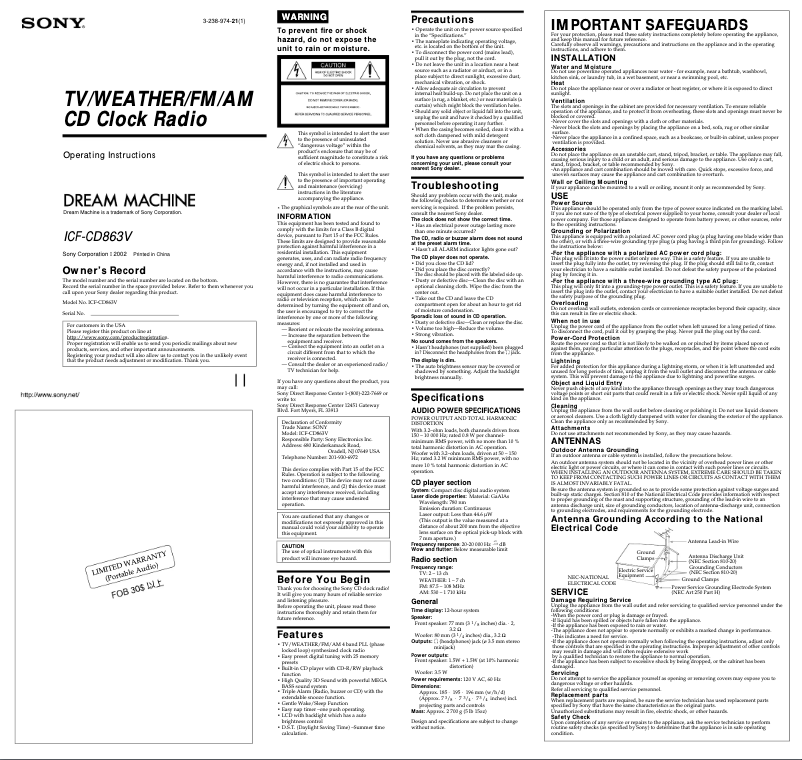 Imagen de la primera página del manual del dispositivo ICF-CD863V