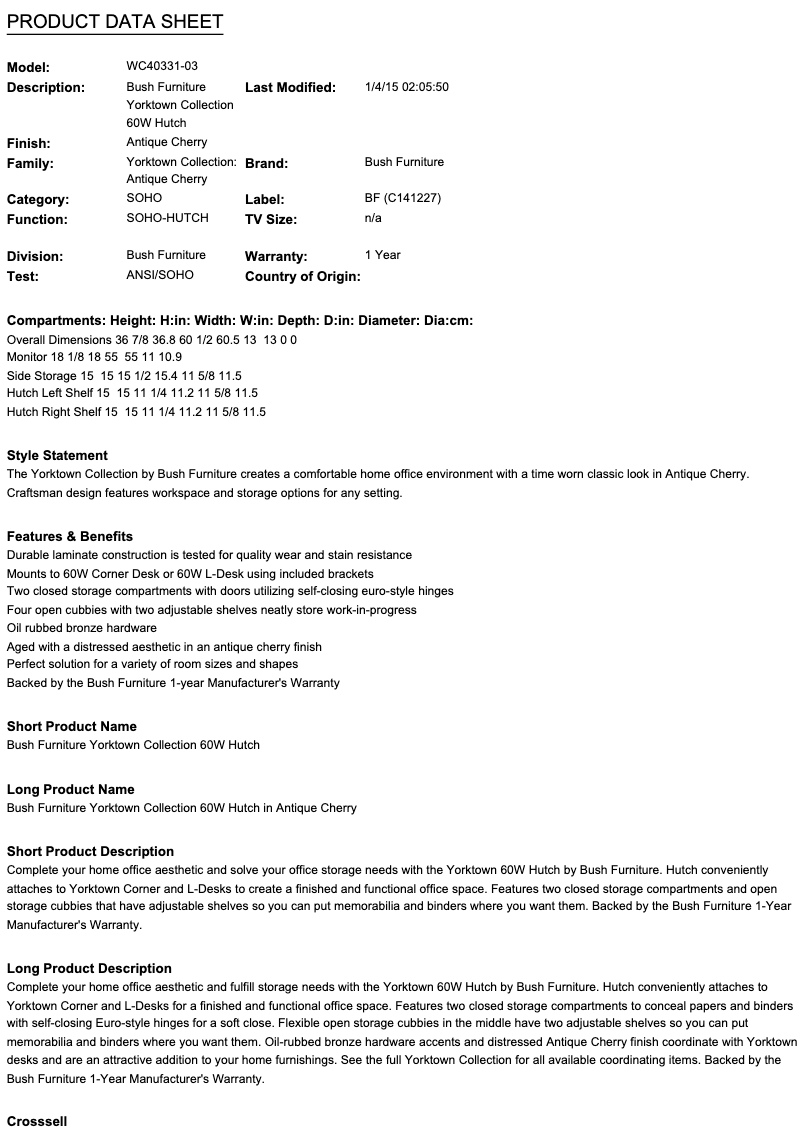 Página 1 del manual Ficha técnica Bush Yorktown WC40331-03