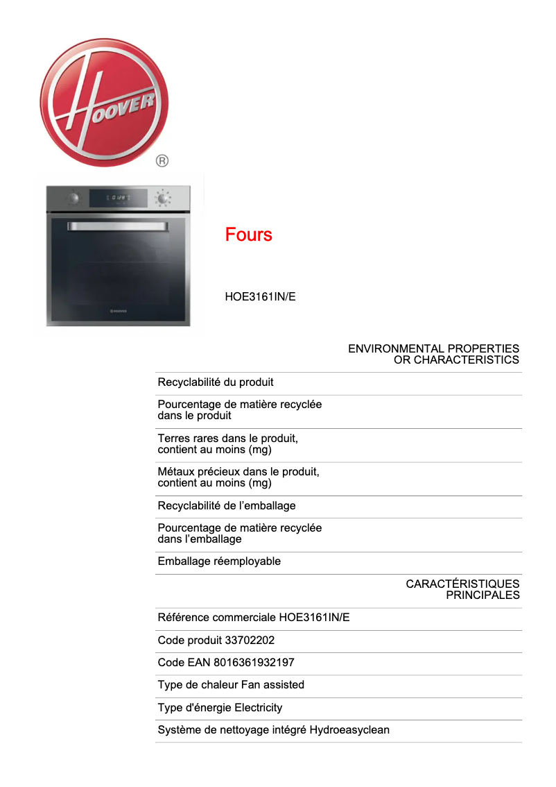 Página 1 del manual Ficha técnica Hoover HOE3161IN/E