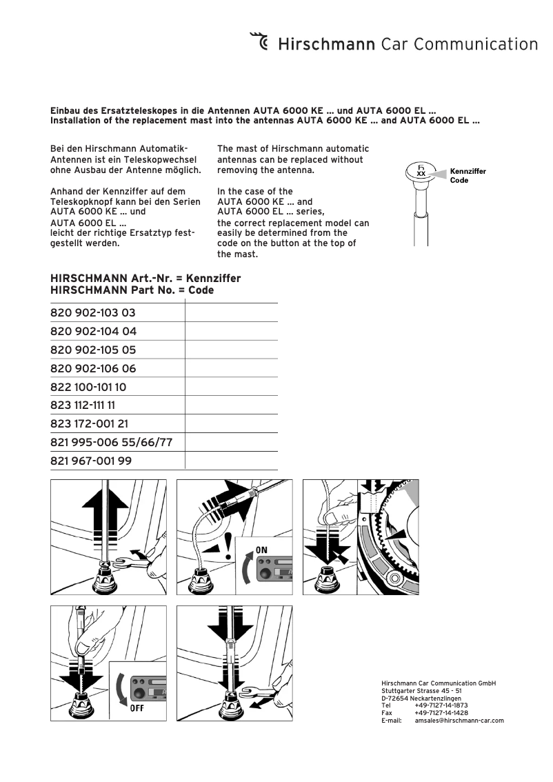 Página 1 del manual Manual de usuario Hirschmann Replacement rod Code 11