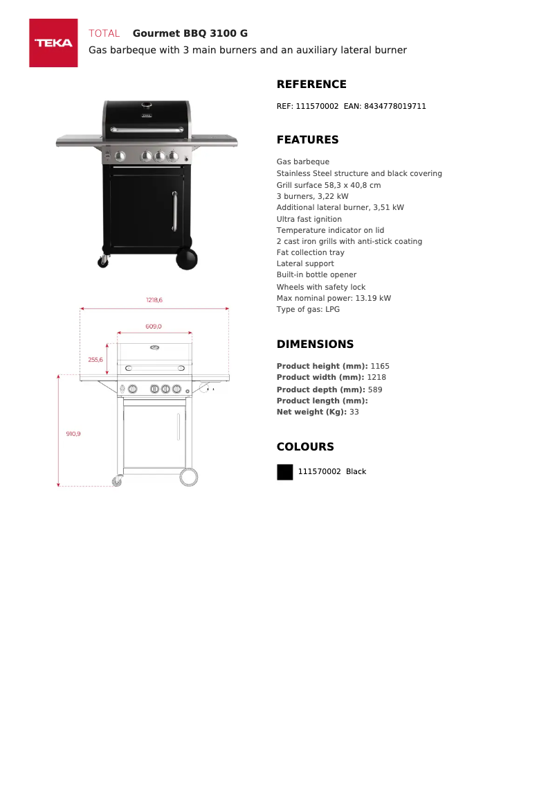 Página 1 del manual Ficha técnica Teka BBQ 3100 G