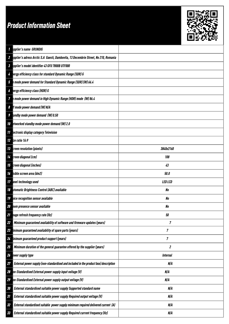 Página 1 del manual Ficha técnica Grundig 43 GFU 7800B