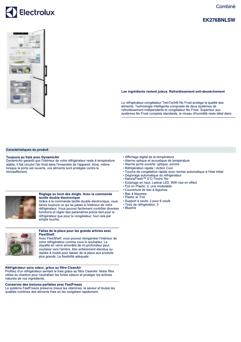 Página 1 del manual Ficha técnica Electrolux EK276BNLSW