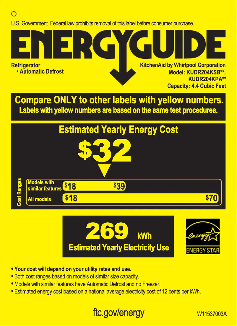 Página nº 1 - Etiqueta energética KitchenAid KUDR204KPA