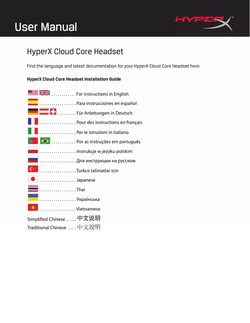 Imagen de la primera página del manual del dispositivo HyperX Cloud Core