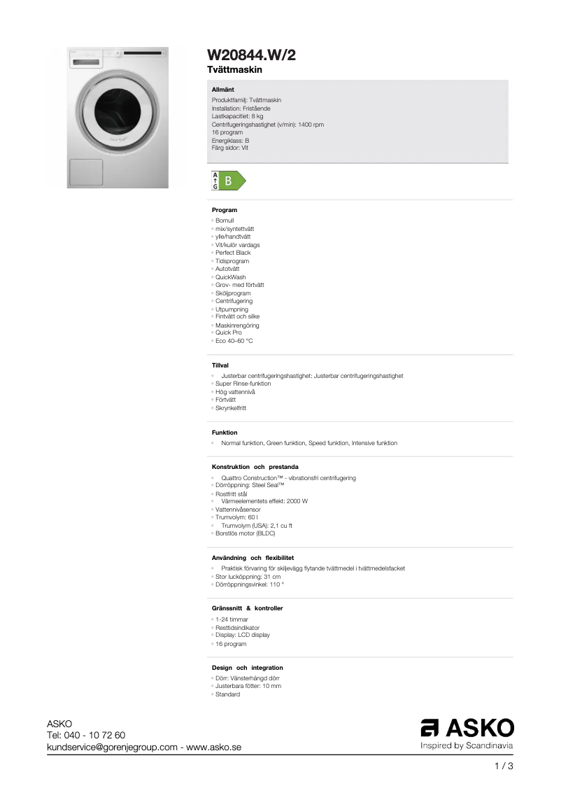 Página 1 del manual Manual de usuario Asko W20844.W/2
