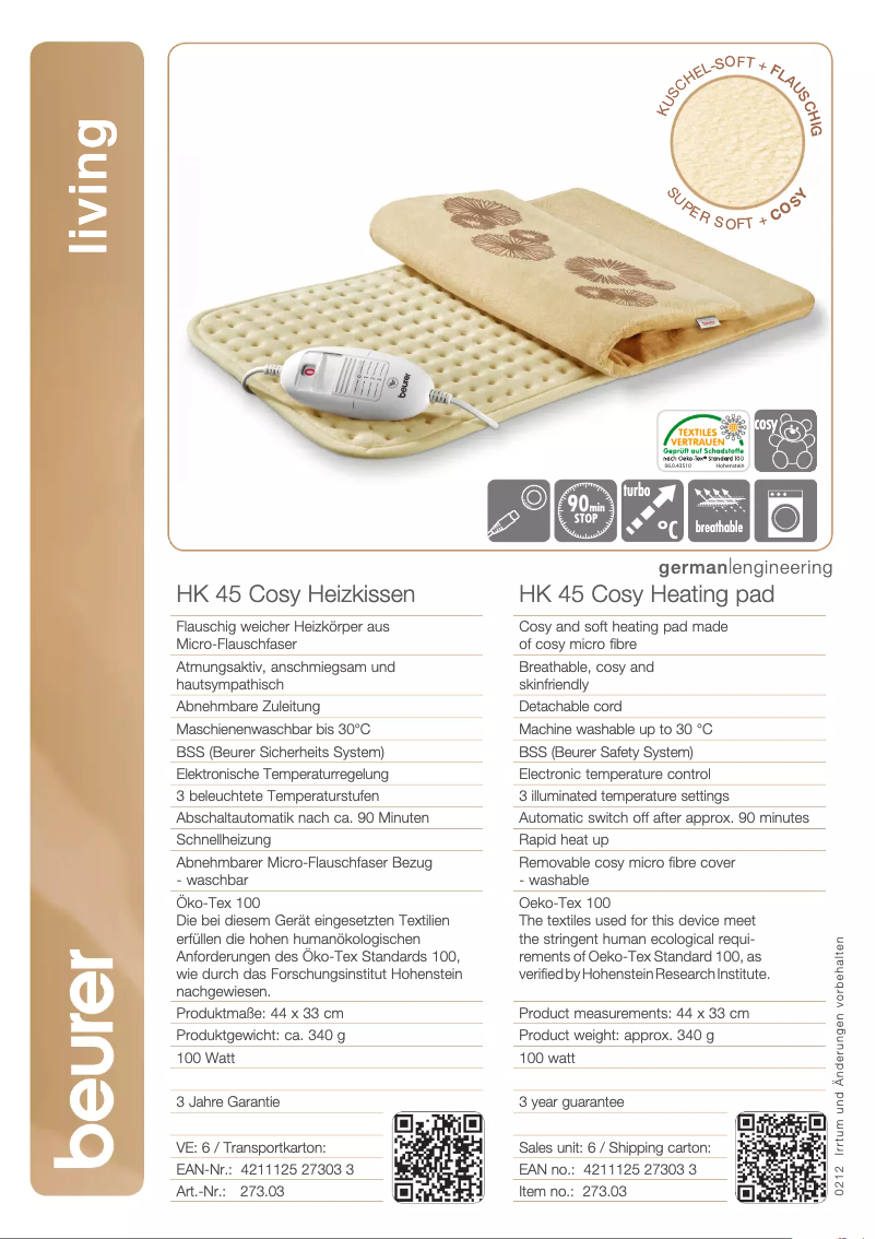 Página 1 del manual Ficha técnica Beurer HK 48 Sofa