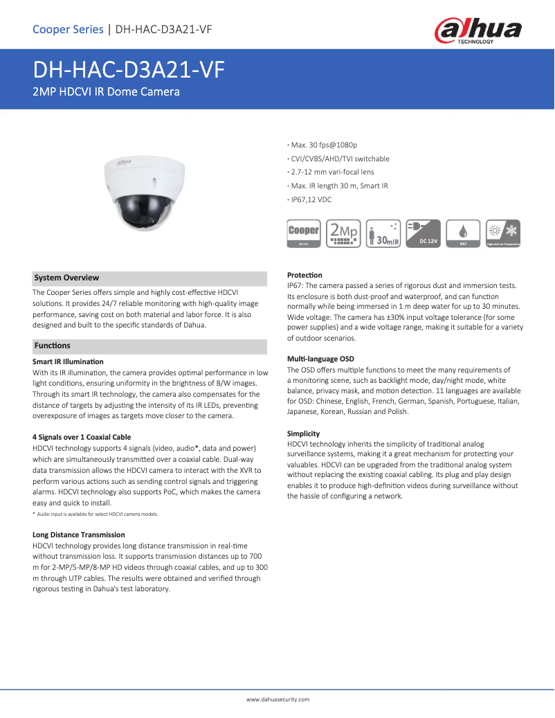 Página 1 del manual Ficha técnica Dahua Technology HAC-D3A21-VF