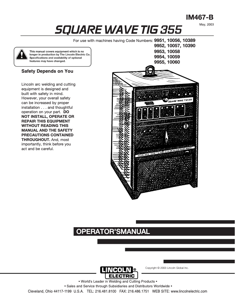 Imagen de la primera página del manual del dispositivo Square Wave TIG 355