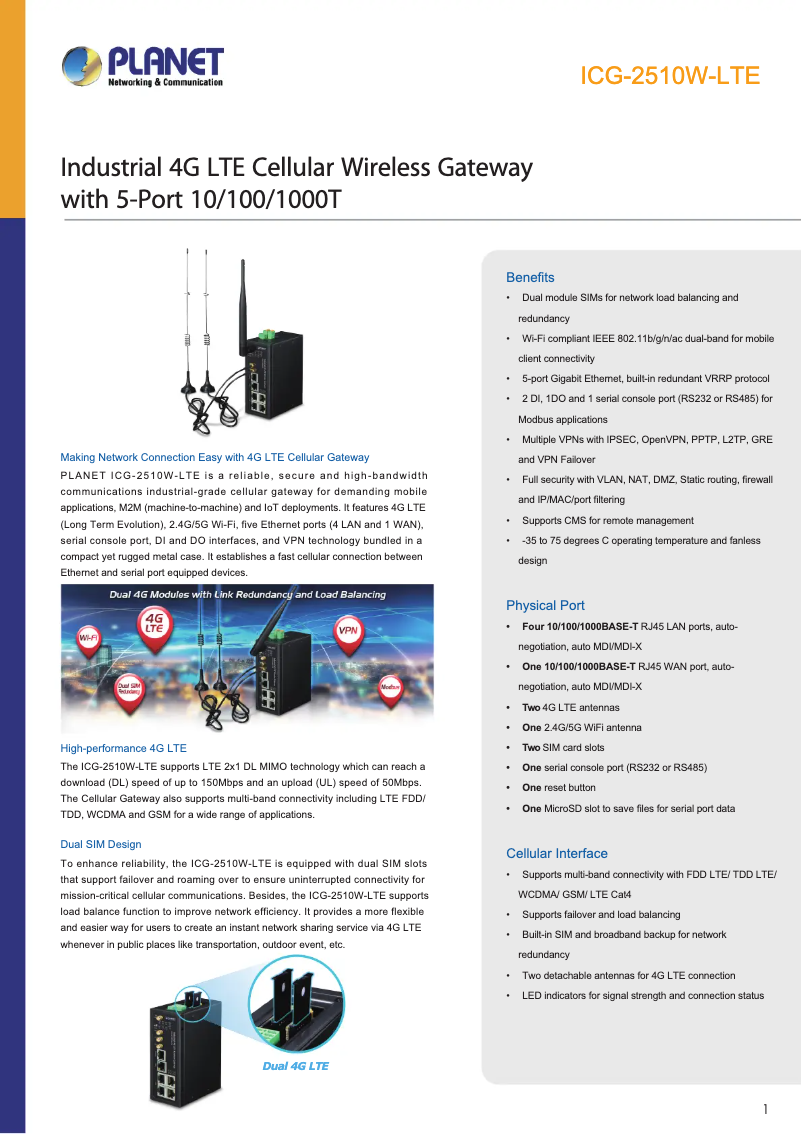 Página 1 del manual Ficha técnica Planet ICG-2510W-LTE