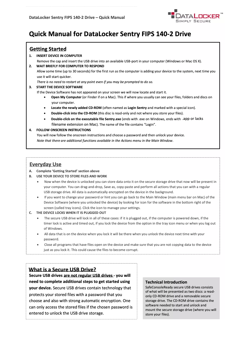 Imagen de la primera página del manual del dispositivo Datalocker Sentry