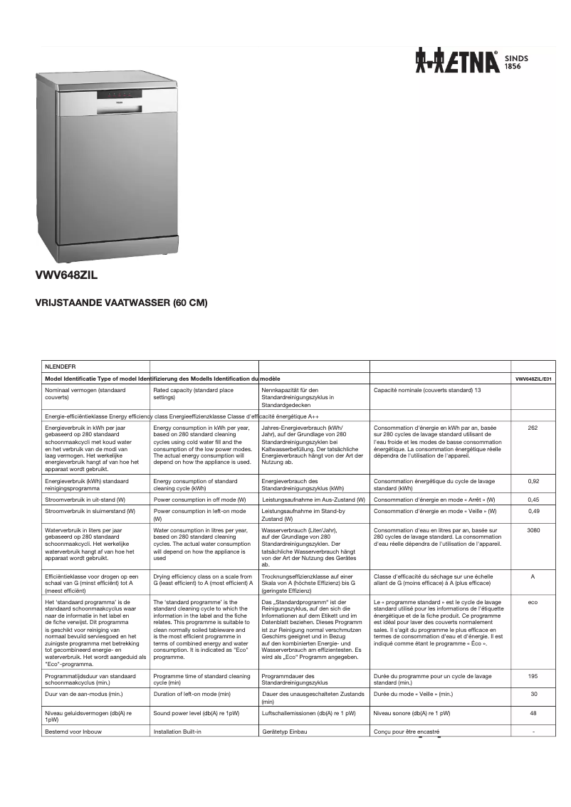 Página 1 del manual Ficha técnica Etna VWV648ZIL