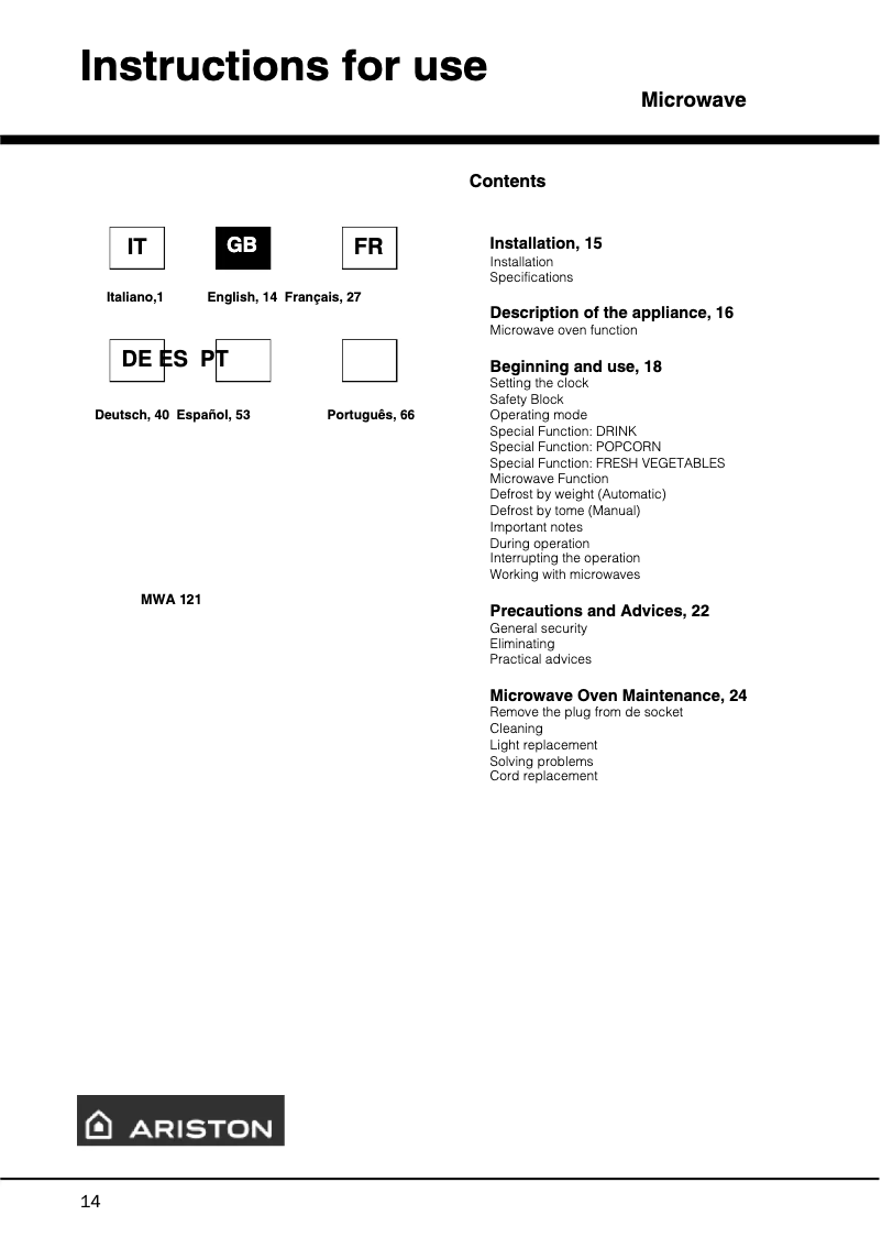 Imagen de la primera página del manual del dispositivo MWA 121